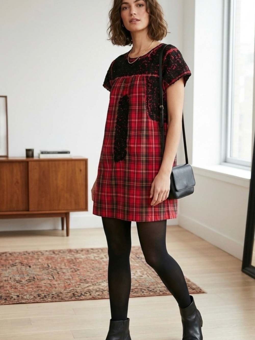 Girls Red Plaid Crochet-Accent Top by (unknown)
